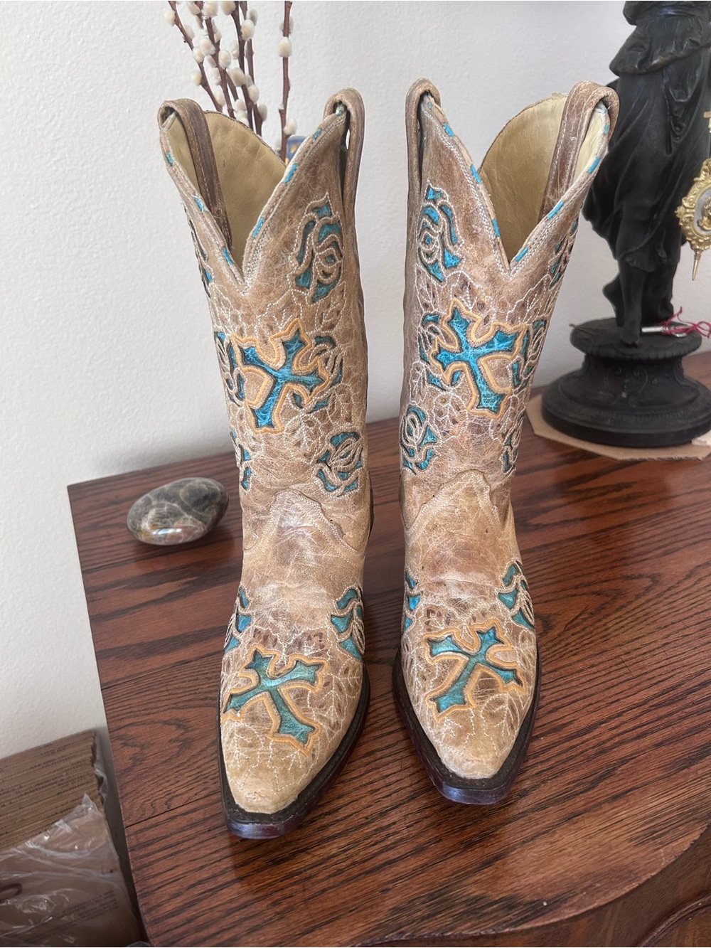 Corral Tan Western Boots w: Inlaid Turquoise Crosses and Roses